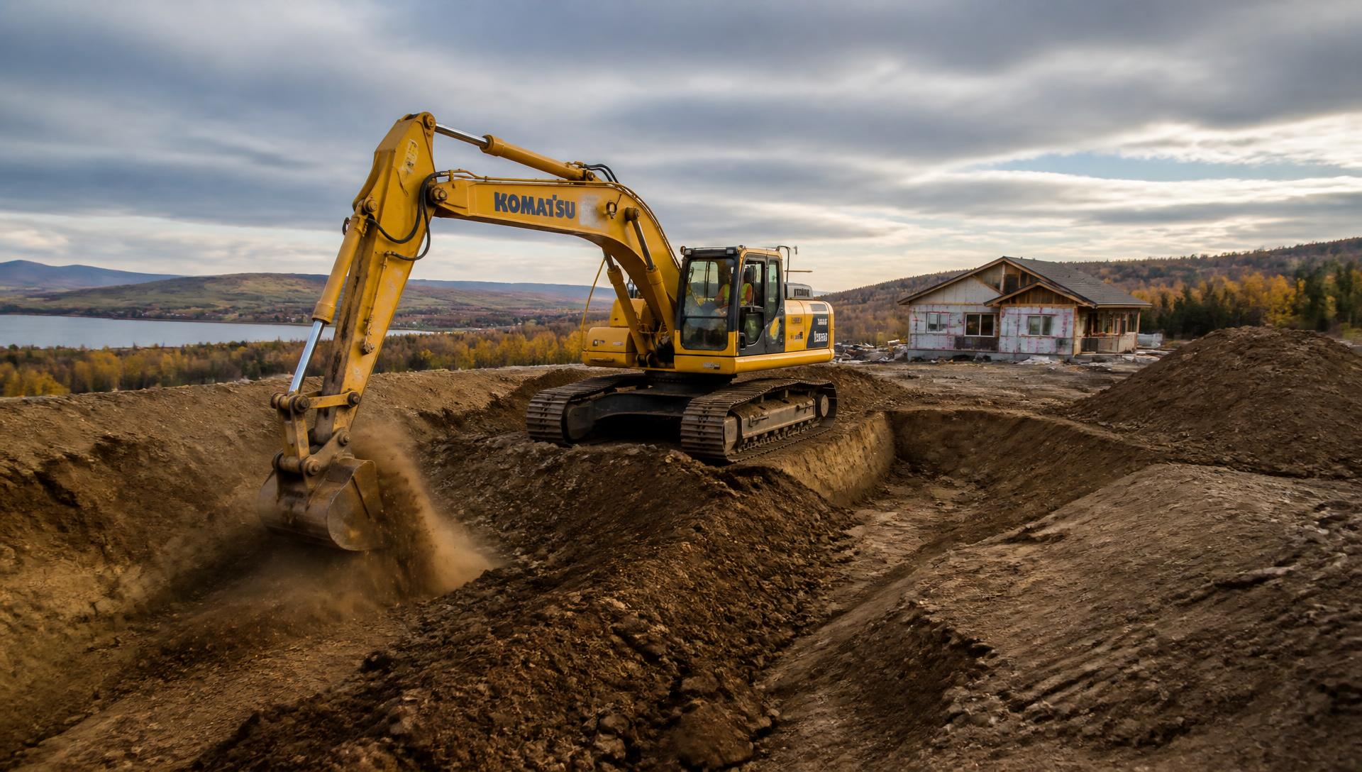 Excavatrice creusant une tranchée sur un chantier en milieu rural