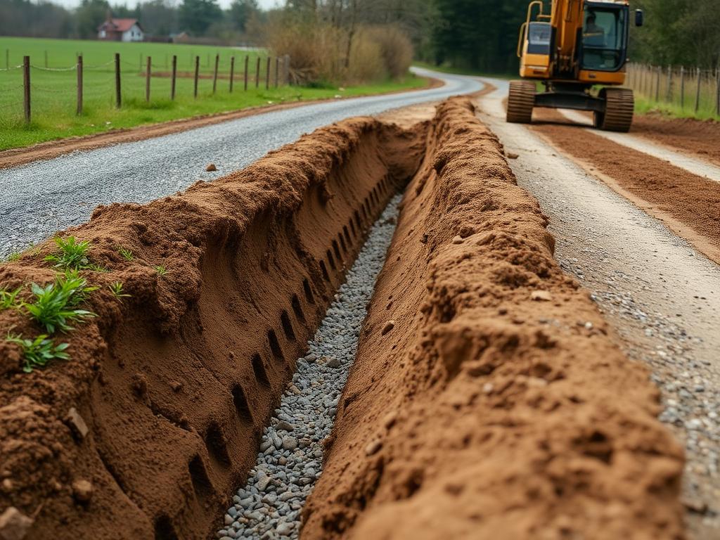 Tranchée de drainage creusée le long d'un chemin de gravier
